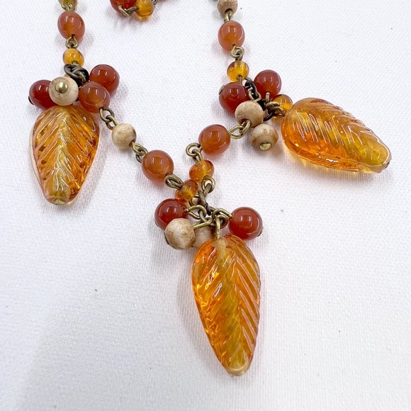 NWT - Nine West - Orange Leaf Charms & Beaded Two Strand 14” Choker Necklace - Picture 6 of 7